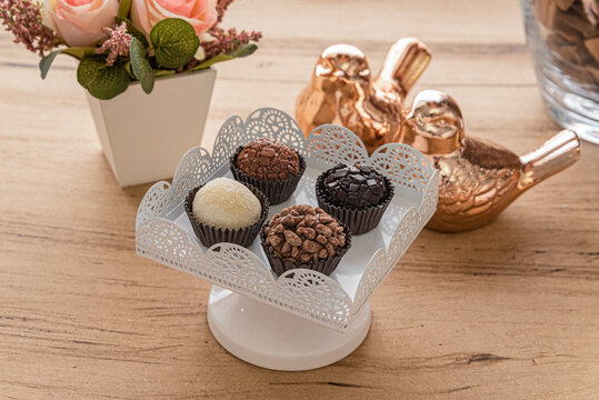 Brazilian Brigadeiro Candies on a Decorative White Display