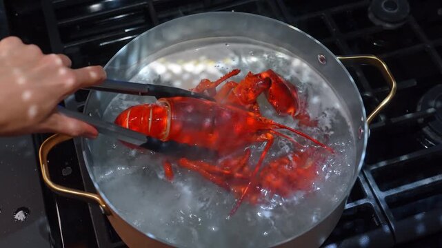 Kitchen tongs holding lobster in boiling water. A person cooks seafood inside a metal pot placed on a black burner.