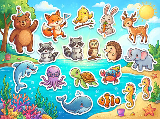 Naklejka premium Cute forest and aquatic animal stickers set for kids nursery decor and educational crafts