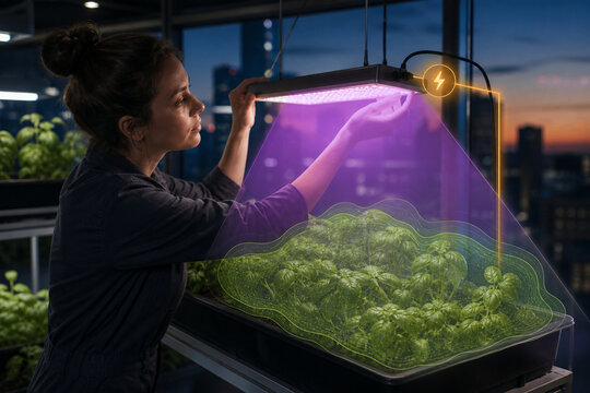 Technician adjusting indoor basil grow light