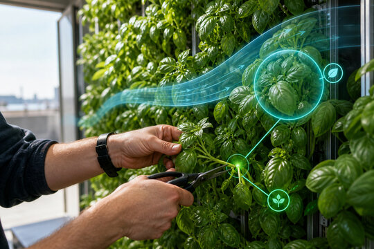 Hands pruning vertical hydroponic basil wall