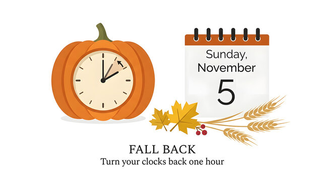 Daylight saving time fall back concept illustration with pumpkin clock and calendar clock change daylight