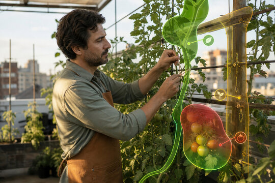 Farmer training rooftop tomato vines
