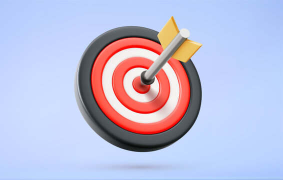 Realistic set of 3D dartboard with yellow arrow striking center, bullseye. Vector illustration of red white target icon, symbol of business strategy and goal, competitive success, sports achievement