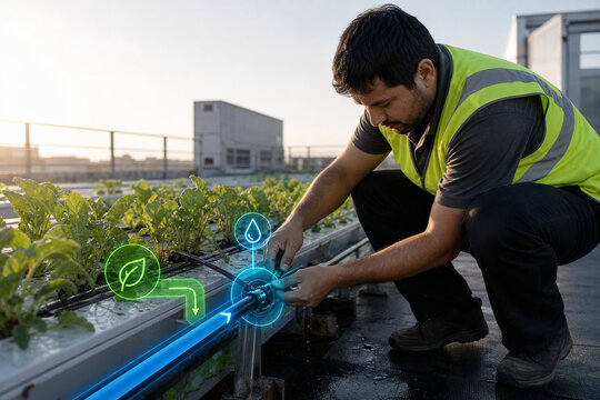 Worker repairing rooftop hydroponic drip line