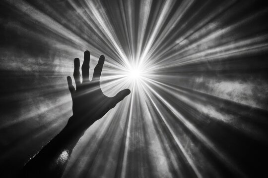 A silhouette of an open hand reaching towards a brilliant, starburst-like light source