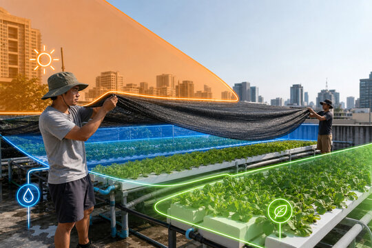 Farmers deploying rooftop hydroponic shade cloth