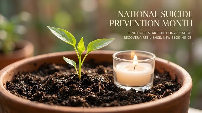Small green plant seedling growing in soil with a lit memorial candle