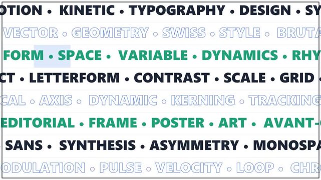 Animated typography grid with moving graphic design terms on white background motion loop.