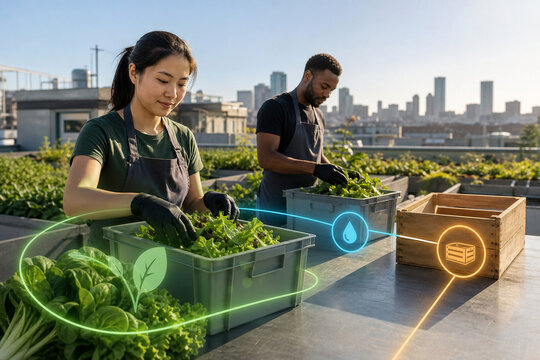 Workers packing fresh rooftop salad harvest