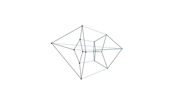 Rotating hypercube wireframe visualization displaying four dimensional geometric structure.