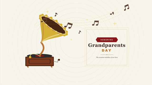 Grandparents day honoring celebration with vintage gramophone flat minimalist illustration graphic design template for social media and greeting cards