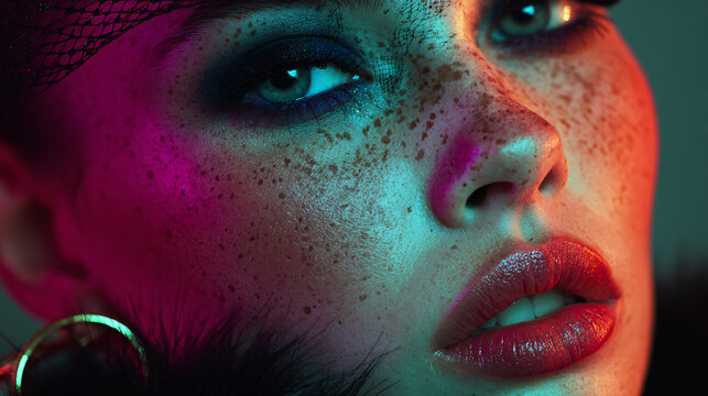 Close-up of a woman's face with colorful neon lighting and freckles, expressive makeup, and intense gaze