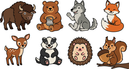 Fototapeta premium Forest Woodland Animal Vector Set Featuring Cute Cartoon Bison Brown Bear with Honey Pot Grey Wolf Red Fox Spotted Fawn Deer Badger Hedgehog and Squirrel Designs