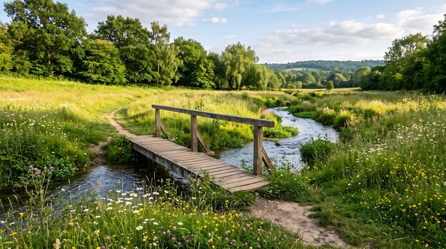 Wooden footbridge over a small stream in a lush green meadow