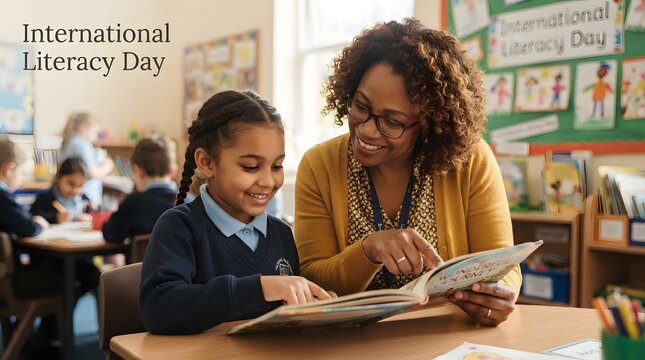 Teacher helping young student read a book in a brightly lit classroom