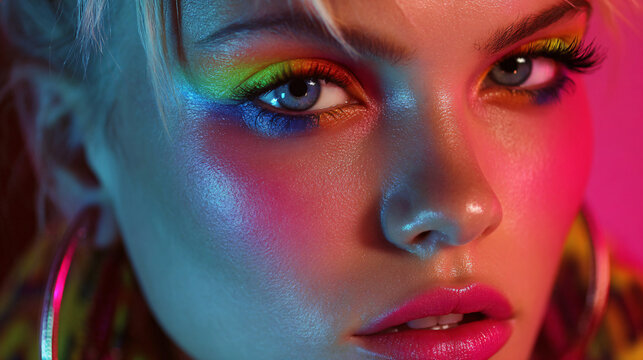 Close-up of woman's face with vibrant rainbow makeup and colorful lighting effects