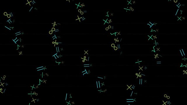 Abstract math symbols motion graphics animation loop scientific equation on black background.