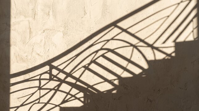 Minimalist architectural shadow pattern on textured beige stucco wall, strong sunlight casting geometric shadow of spiral staircase railing, dramatic light and shadow contrast, warm neutral tones, abs