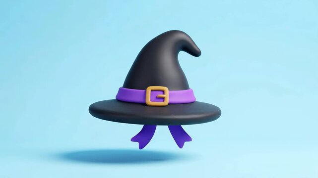 A charming 3D animation of a black witch hat with a purple band and buckle, gently floating and rotating against a clean light blue background. Perfect for Halloween themes.
