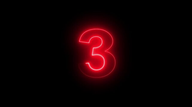 Glowing red neon number three symbol pulsing with vibrant light effects on a deep black background, for modern digital, countdowns, cinematic motion, and high-tech visual