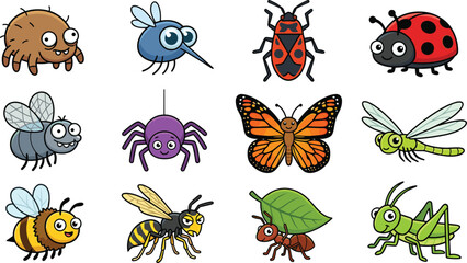 Obraz premium Cute Cartoon Insect and Bug Vector Sticker Set Featuring Mite, Mosquito, Beetle, Ladybug, Housefly, Hanging Spider, Butterfly, Dragonfly, Honey Bee, Wasp, Ant with Leaf, and Grasshopper
