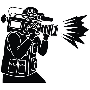 Professional cameraman vector silhouette illustration filming broadcast news with flash lens.