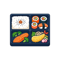Fototapeta premium Japanese Bento Box Lunch with Salmon, Sushi Rolls, Tempura, and Rice - Cute Illustration