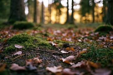Naklejka premium The Forest Floor Covered in Moss and Leaves Beneath Autumn Sunlight