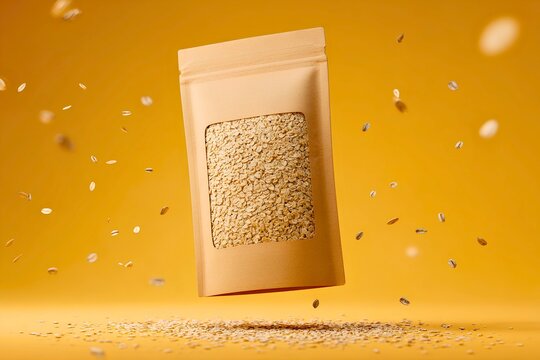 Premium steel cut oats packet displayed upright + centered composition + solid muted yellow background + balanced bright lighting + realistic packaging photography + modern healthy lifestyle mood 
