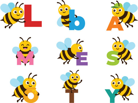 Cute cartoon honey bee characters holding colorful English alphabet letters education vector sticker set.
