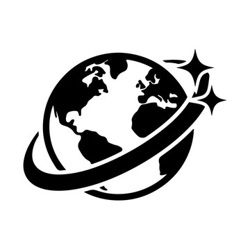 Earth Globe Icon with Orbit Swoosh and Shining Sparkles