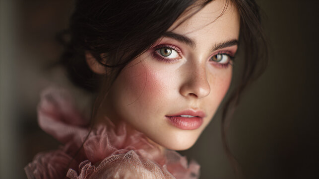 Close-up of a Young Woman with Fair Skin and Bright Green Eyes in Soft Lighting