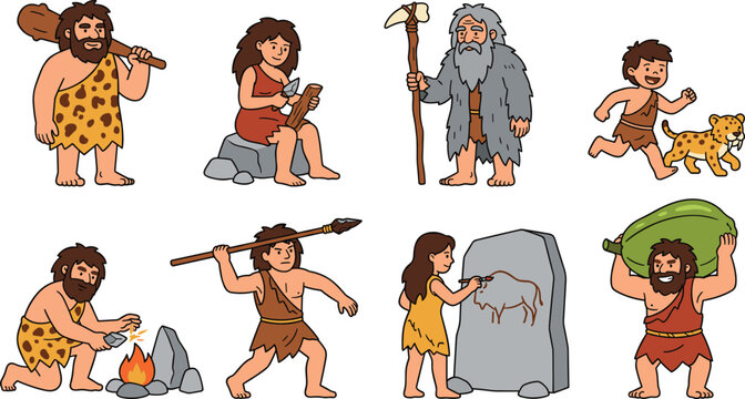 Stone Age Caveman Vector Illustration Set Featuring Primitive People Hunting, Sparking Fire, Painting Cave Art, Crafting Tools, and Carrying Heavy Produce Concept Designs