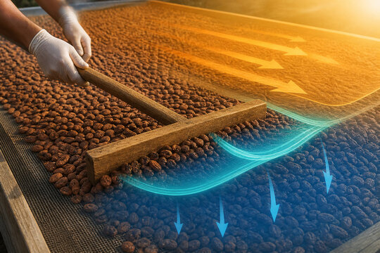 Wooden rake spreads drying cacao beans