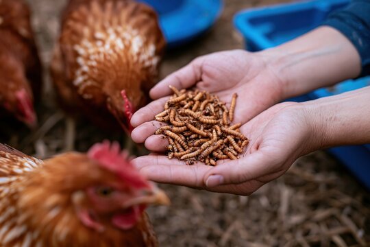 The Mealworms in Open Hands Feeding Chickens on a Rural Farm