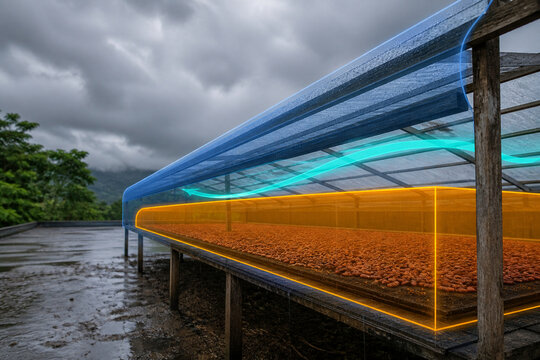Rain protection covers drying cacao beans