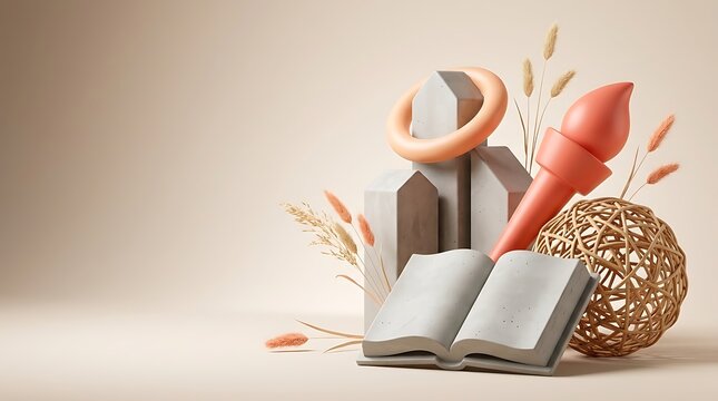 Minimalist 3D Composition with Abstract Shapes and Plants