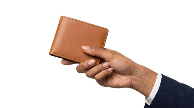 Wallet tan leather bifold mockup gripped between fingers with rounded corners for fashion accessory design PNG, Transparent Background