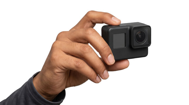 Action camera small black gadget gripped by fingers with side view lens design for outdoor sports videography PNG, Transparent Background