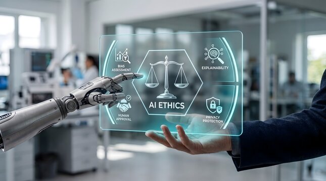 AI ethics concept showing human and robot hands holding digital hologram with justice scales, privacy protection and bias assessment icons