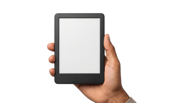 E reader black blank screen device held in hand with digital display for ebook technology and reading PNG, Transparent Background
