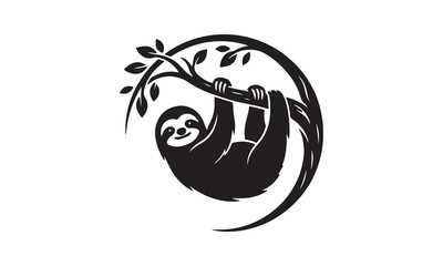 Naklejka premium Minimalist black and white illustration of a cute sloth hanging from a circular tree branch design