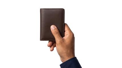 Wallet brown leather bifold mockup held upright in hand with stitched edges for fashion accessory lifestyle PNG, Transparent Background © Abdulmalek