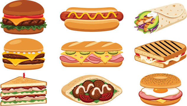 Delicious fast food collection vector set featuring burgers hotdog sandwiches wrap pita and breakfast bagel.