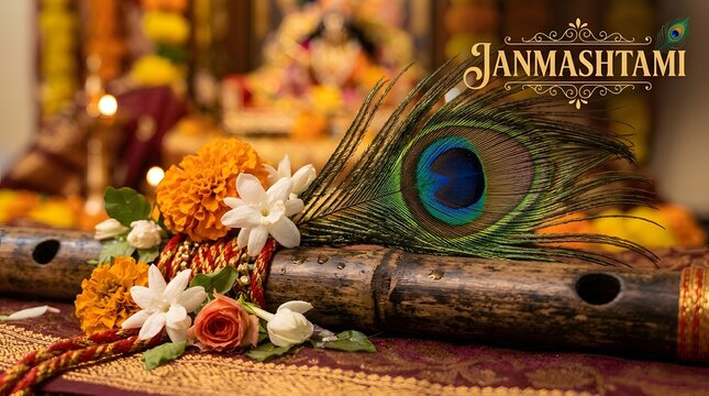 Happy janmashtami celebration with traditional flute and peacock feather