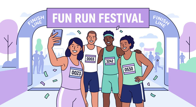 Cheerful Friends Celebrate Finishing a Fun Run Race Event Together
