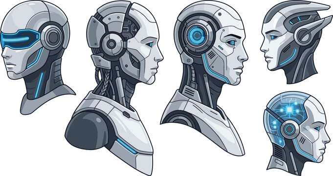Futuristic robot and artificial intelligence editable vector illustration set featuring humanoid android heads, cybernetic technology, robotics, digital interfaces, and machine intelligence
