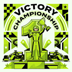Fototapeta premium Champion Racer Celebrates Victory With Trophy On Podium Surrounded By Race Cars