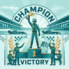 Fototapeta premium Champion Racer Celebrates Victory On Podium With Trophy And Racing Cars